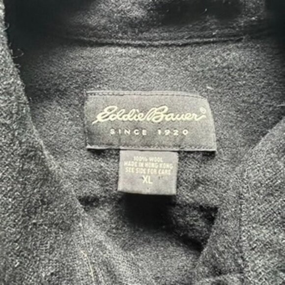 VTG Eddie Bauer 100% Wool Button Down Shirt Black Lrg Workwear Shacket Hong Kong - Picture 3 of 7